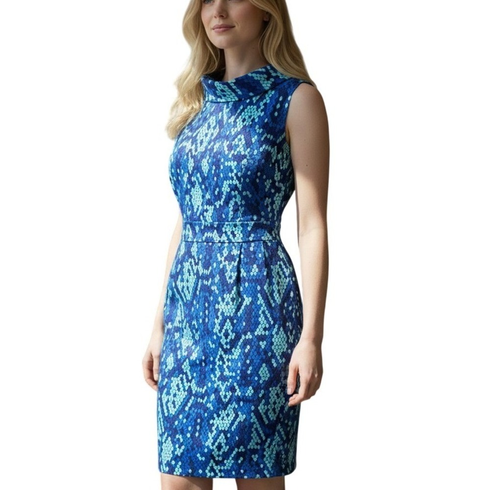 Lilly Pulitzer Sheath Dress‎ Womens 10 Blue Excellent Snakeskin Cowl Neck Cotton